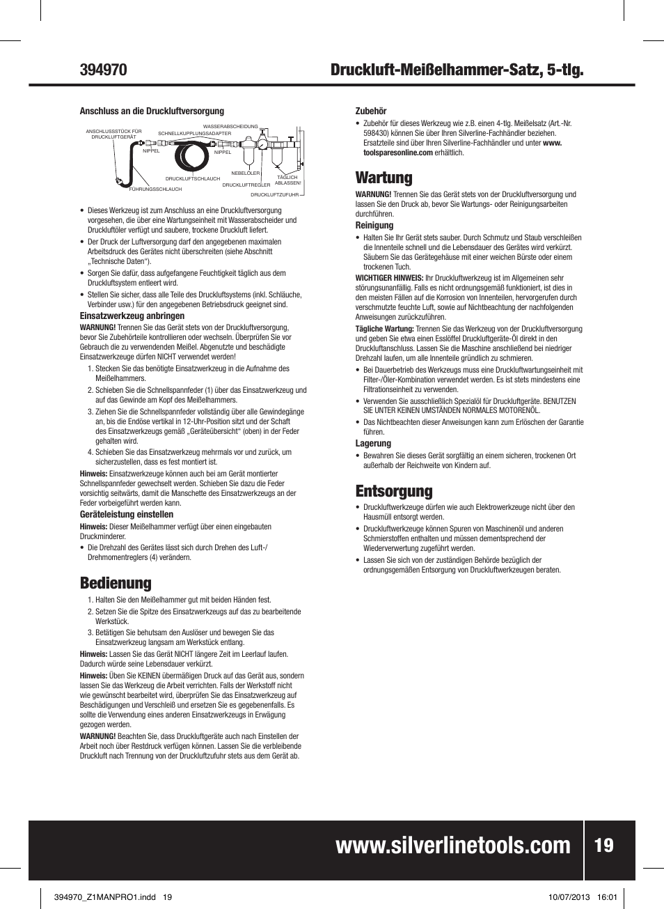Bedienung, Wartung, Entsorgung | Silverline Air Hammer Set 5pce User Manual | Page 20 / 40