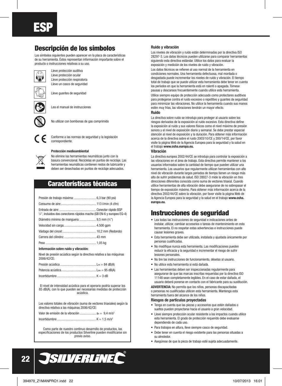 Descripción de los símbolos, Características técnicas, Instrucciones de seguridad | Silverline Air Hammer Set 5pce User Manual | Page 23 / 40