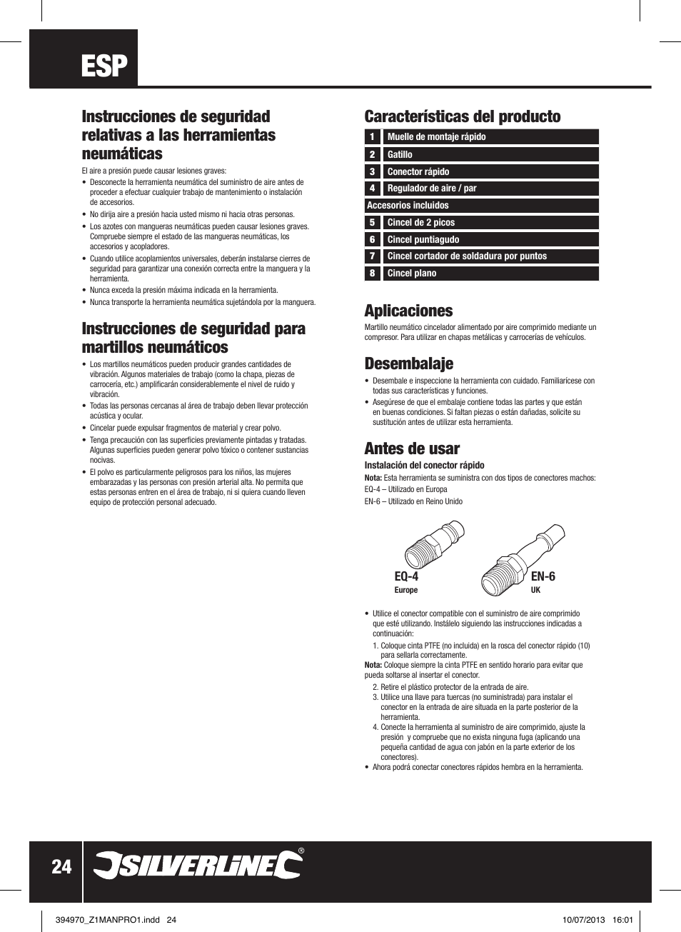 Características del producto, Aplicaciones, Desembalaje | Antes de usar | Silverline Air Hammer Set 5pce User Manual | Page 25 / 40