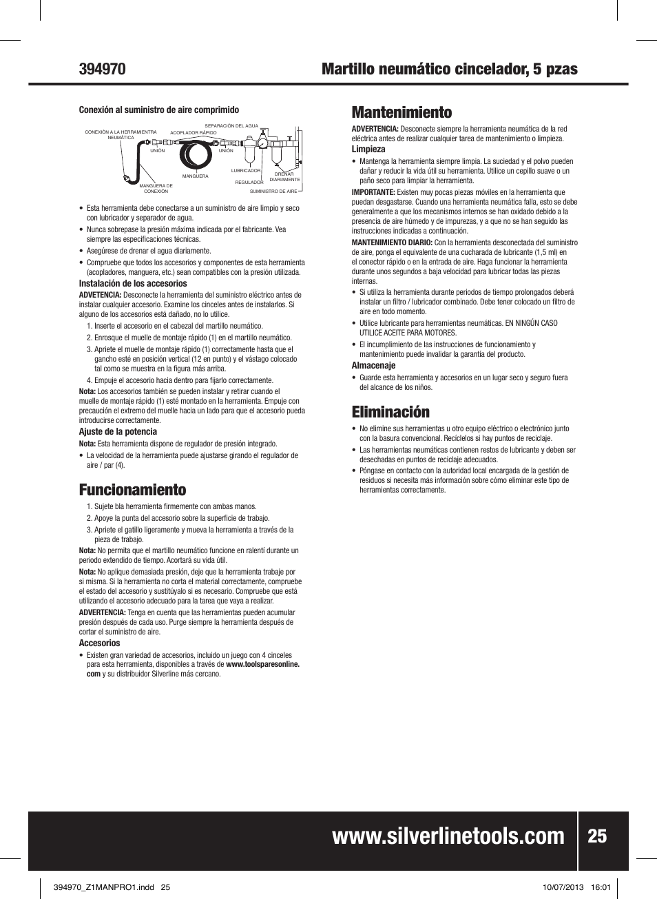 Funcionamiento, Mantenimiento, Eliminación | Silverline Air Hammer Set 5pce User Manual | Page 26 / 40