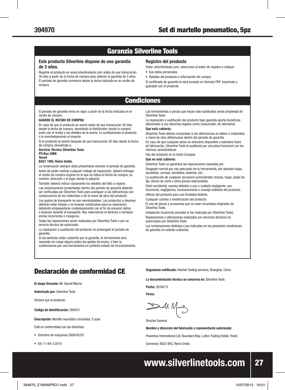 Declaración de conformidad ce | Silverline Air Hammer Set 5pce User Manual | Page 28 / 40