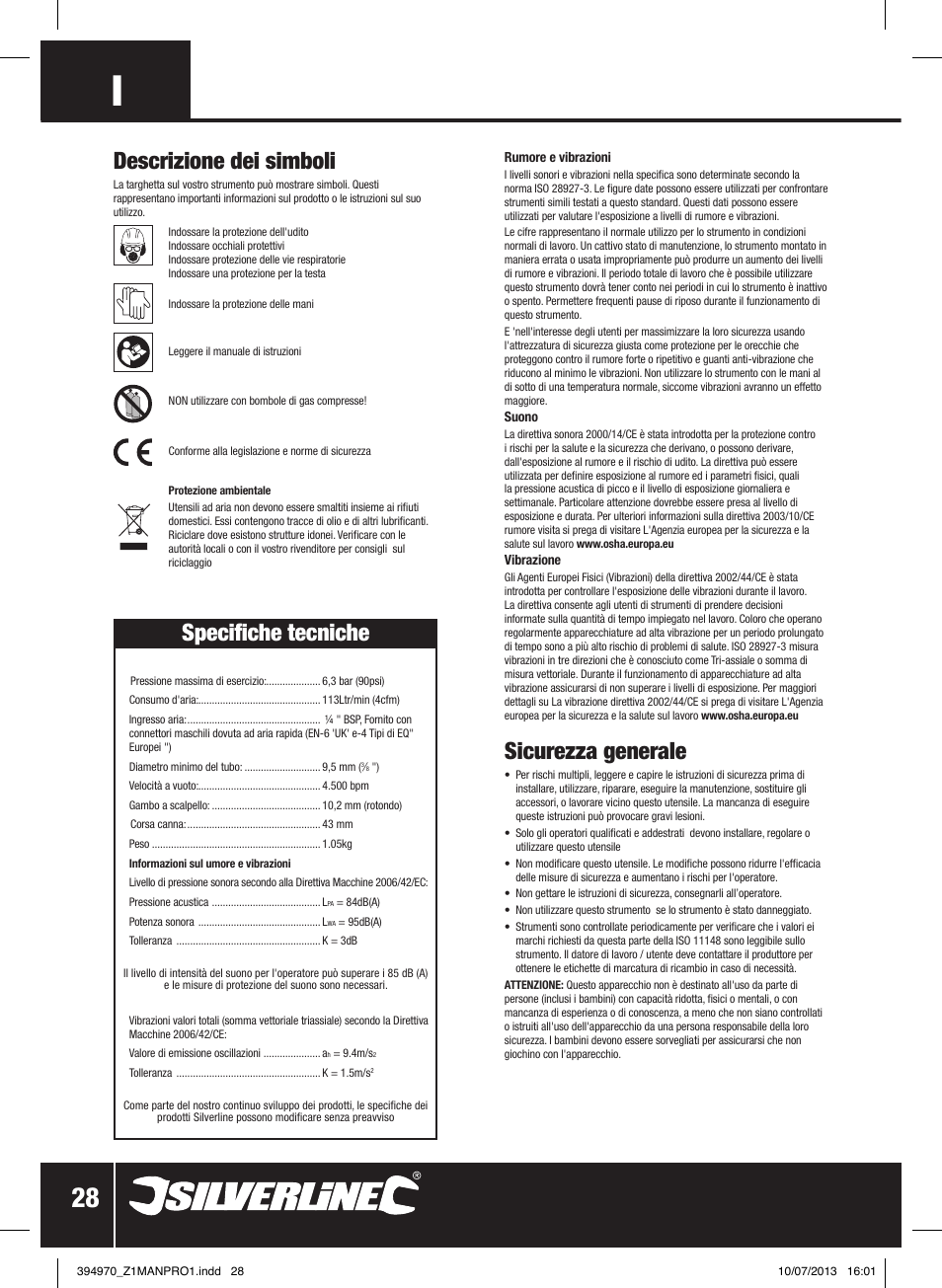 Descrizione dei simboli, Specifiche tecniche, Sicurezza generale | Silverline Air Hammer Set 5pce User Manual | Page 29 / 40