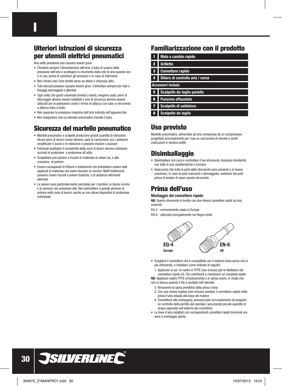 Familiarizzazione con il prodotto, Uso previsto, Disimballaggio | Prima dell’uso, Sicurezza del martello pneumatico | Silverline Air Hammer Set 5pce User Manual | Page 31 / 40
