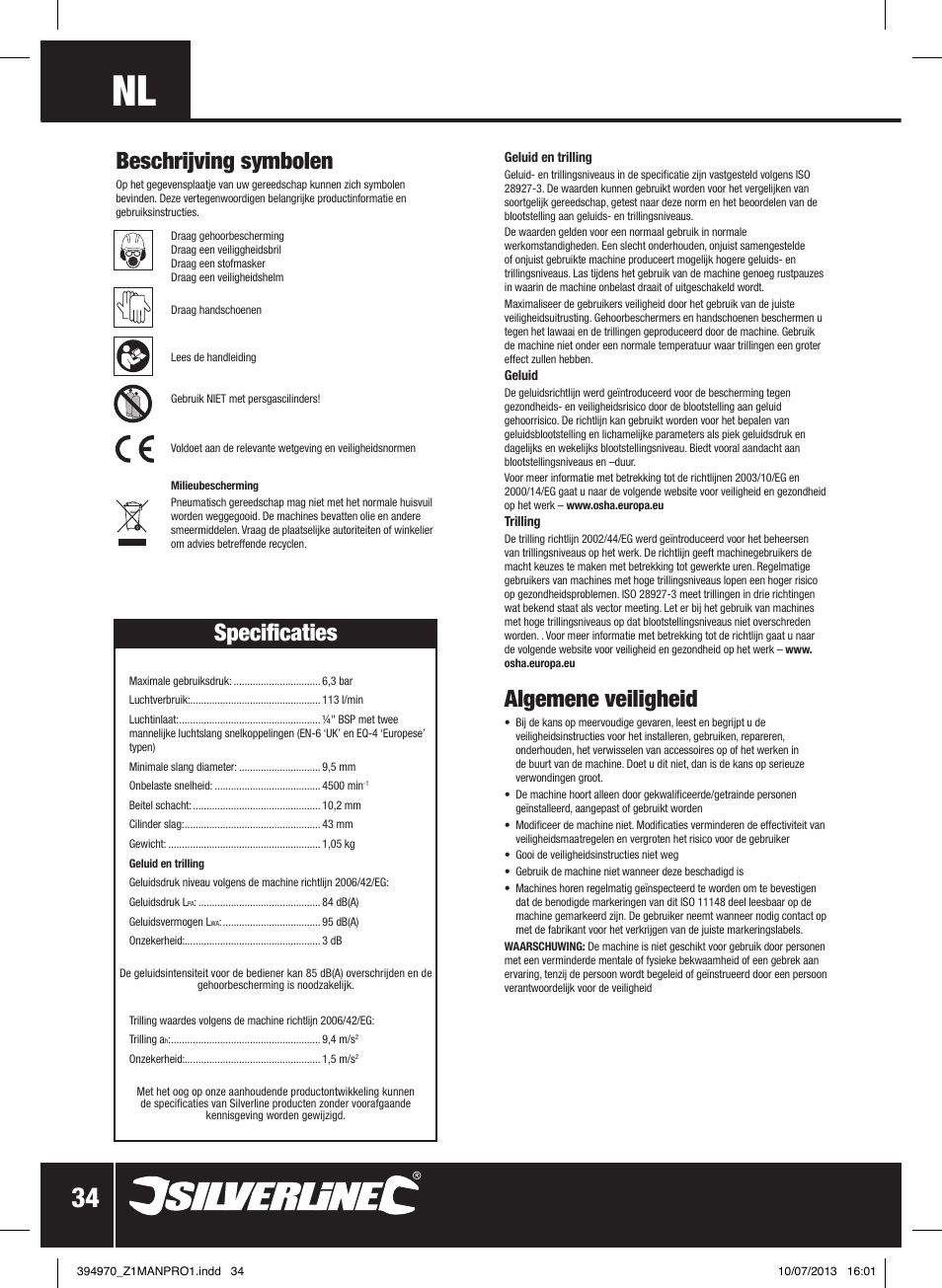 Beschrijving symbolen, Specificaties, Algemene veiligheid | Silverline Air Hammer Set 5pce User Manual | Page 35 / 40