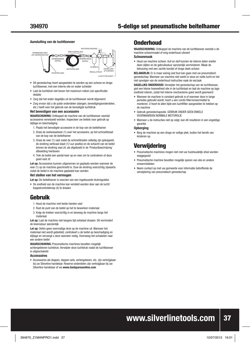 Gebruik, Onderhoud, Verwijdering | Silverline Air Hammer Set 5pce User Manual | Page 38 / 40