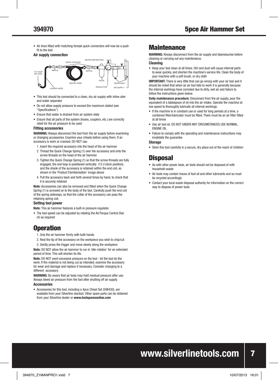 Operation, Maintenance, Disposal | Silverline Air Hammer Set 5pce User Manual | Page 8 / 40