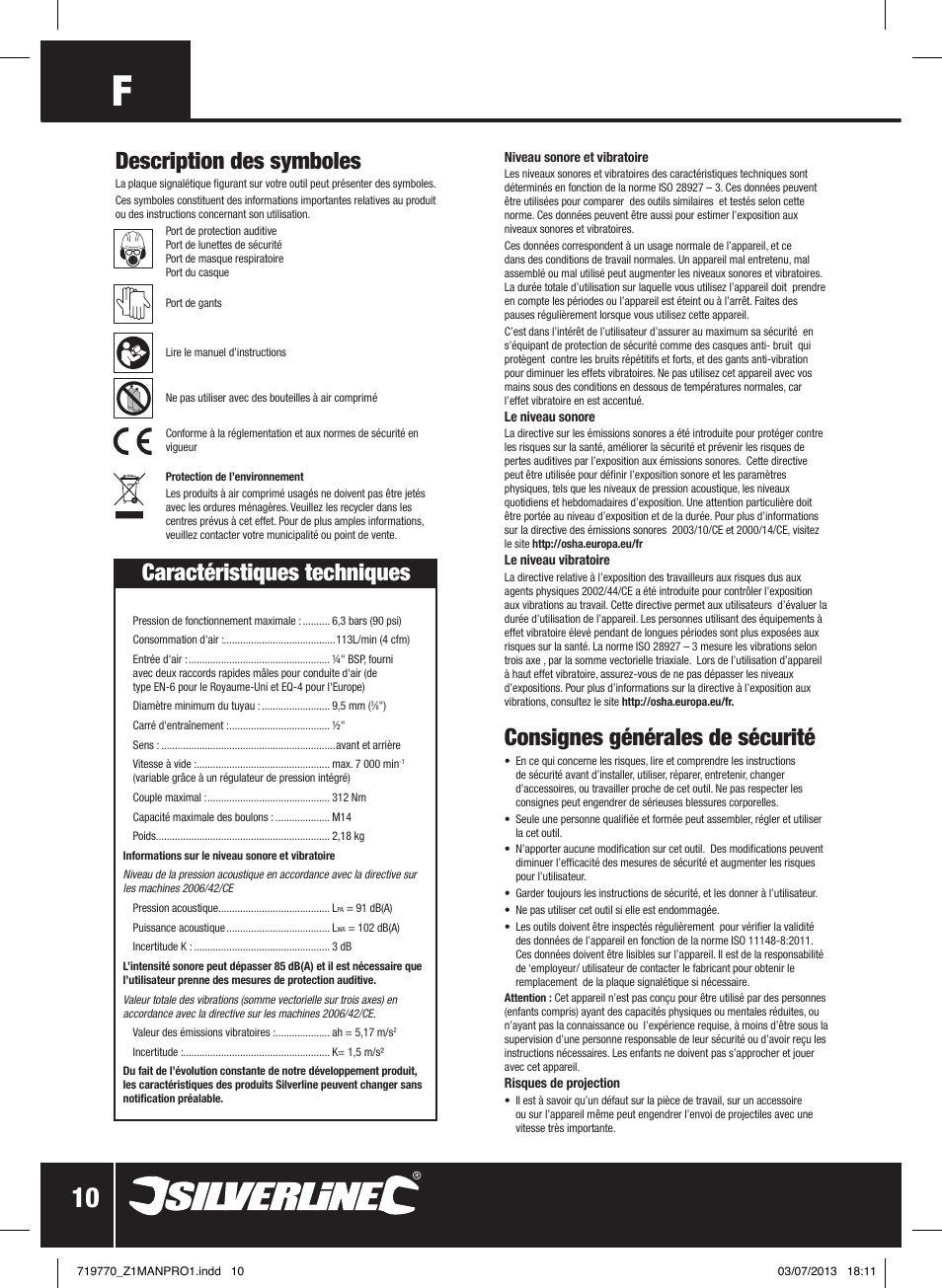 Description des symboles, Caractéristiques techniques, Consignes générales de sécurité | Silverline Air Impact Wrench User Manual | Page 11 / 40