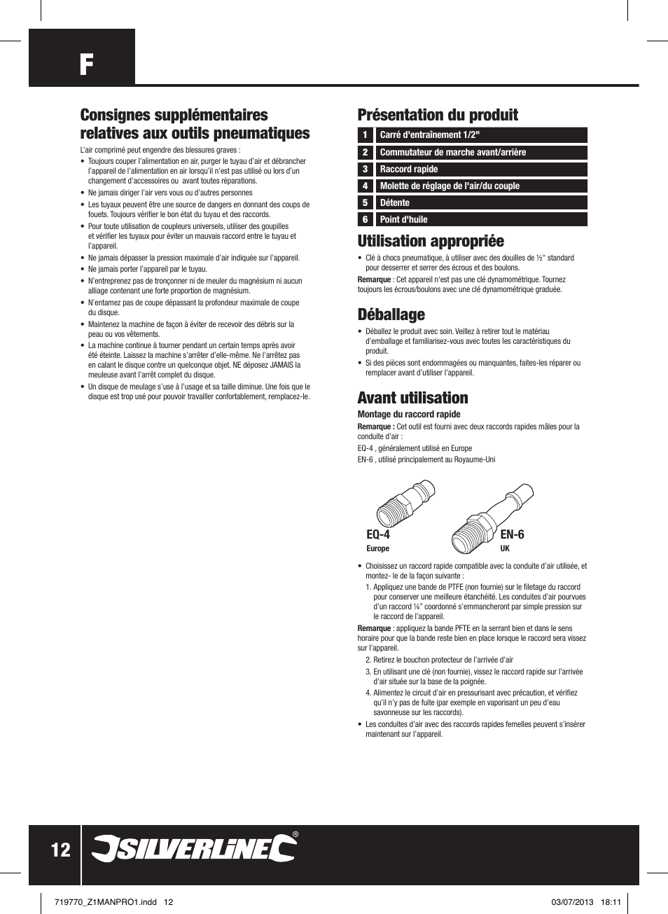 Utilisation appropriée, Déballage, Avant utilisation | Silverline Air Impact Wrench User Manual | Page 13 / 40