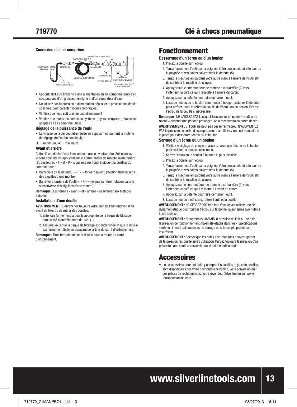 Fonctionnement, Accessoires, Clй а chocs pneumatique | Silverline Air Impact Wrench User Manual | Page 14 / 40