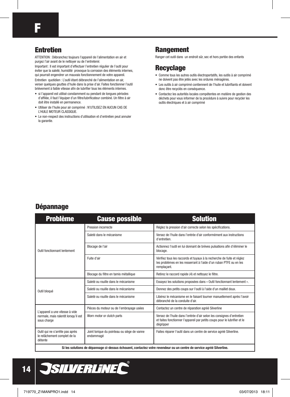 Entretien, Problème cause possible solution, Rangement | Recyclage, Dépannage | Silverline Air Impact Wrench User Manual | Page 15 / 40