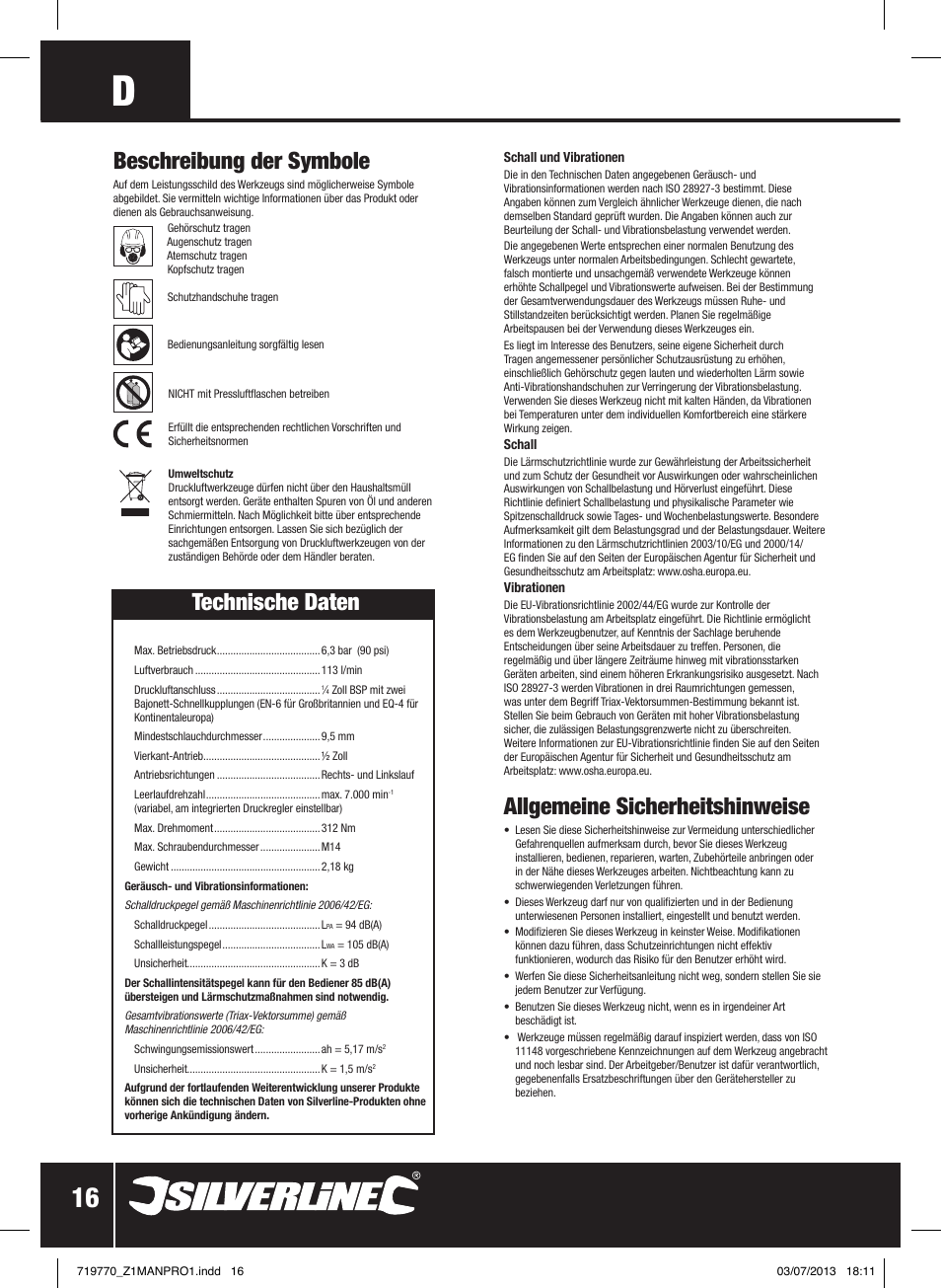 Beschreibung der symbole, Technische daten, Allgemeine sicherheitshinweise | Silverline Air Impact Wrench User Manual | Page 17 / 40