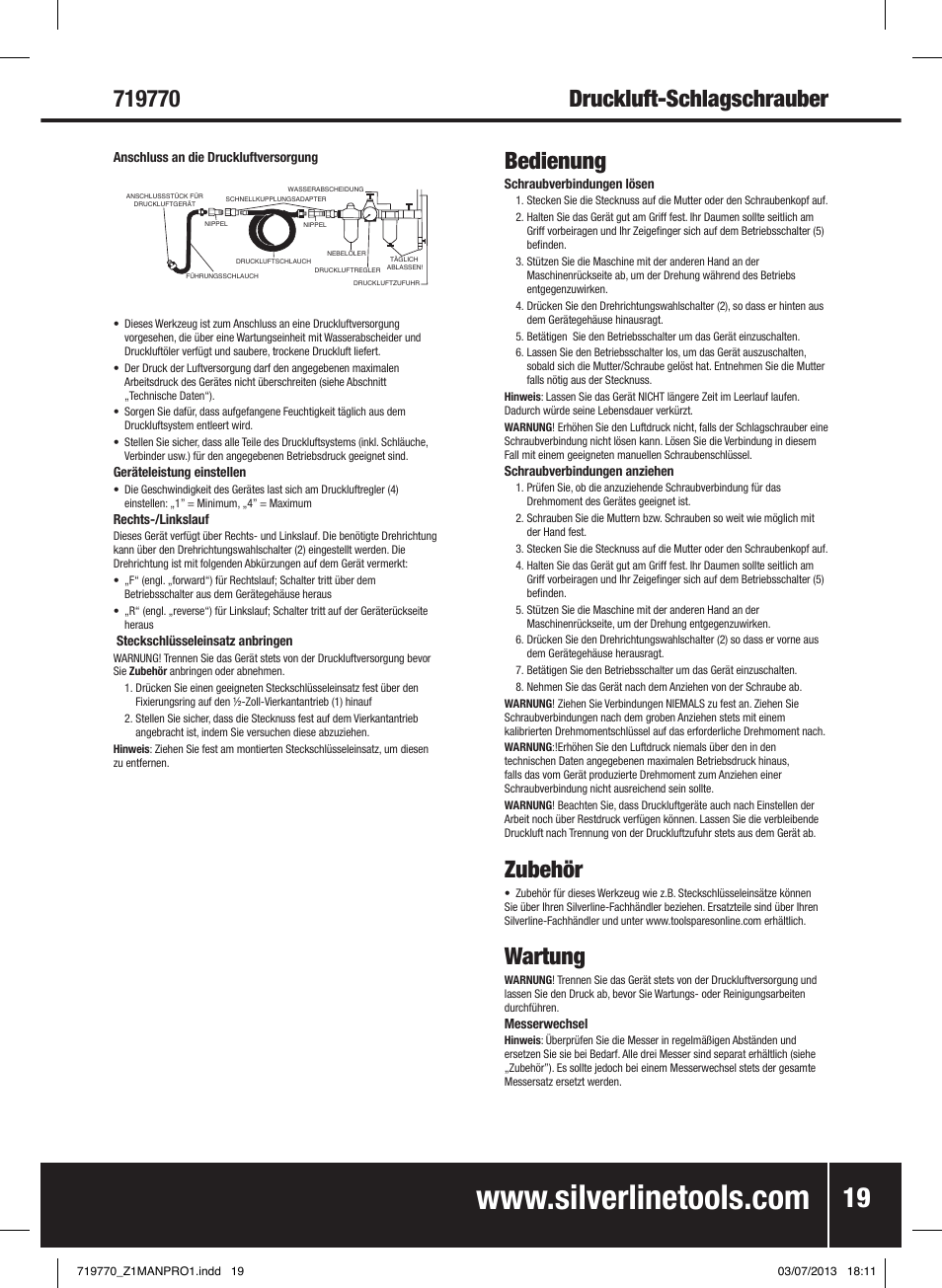 Druckluft-schlagschrauber, Zubehör, Wartung | Silverline Air Impact Wrench User Manual | Page 20 / 40