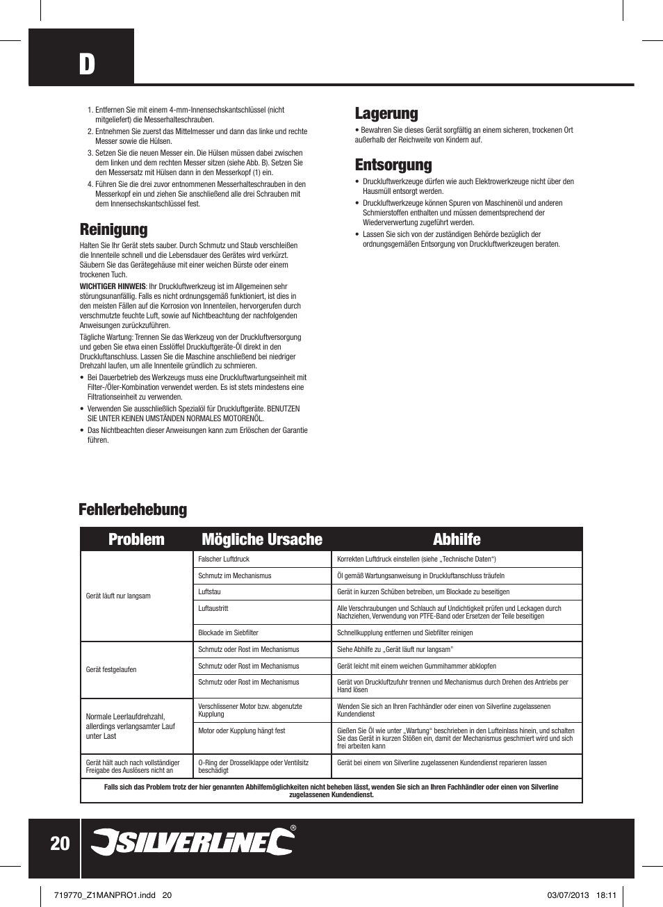 Reinigung, Problem mögliche ursache abhilfe, Lagerung | Entsorgung, Fehlerbehebung | Silverline Air Impact Wrench User Manual | Page 21 / 40