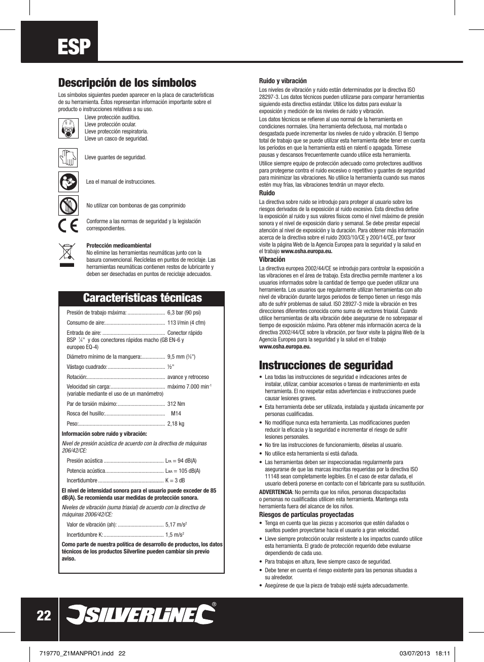 Instrucciones de seguridad, Descripción de los símbolos, Características técnicas | Silverline Air Impact Wrench User Manual | Page 23 / 40