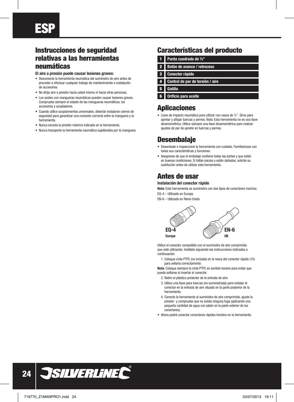 Características del producto aplicaciones, Desembalaje, Antes de usar | Silverline Air Impact Wrench User Manual | Page 25 / 40