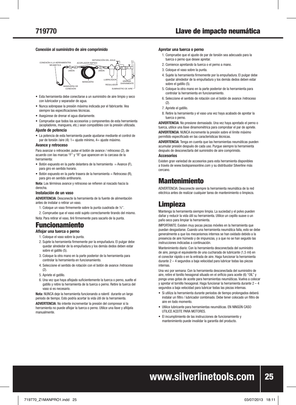 Llave de impacto neumática, Funcionamiento, Mantenimiento | Limpieza | Silverline Air Impact Wrench User Manual | Page 26 / 40