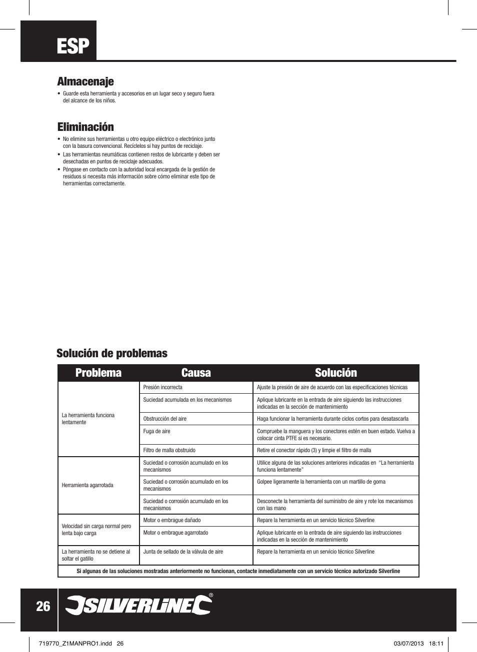 Almacenaje, Eliminación, Problema causa solución | Solución de problemas | Silverline Air Impact Wrench User Manual | Page 27 / 40