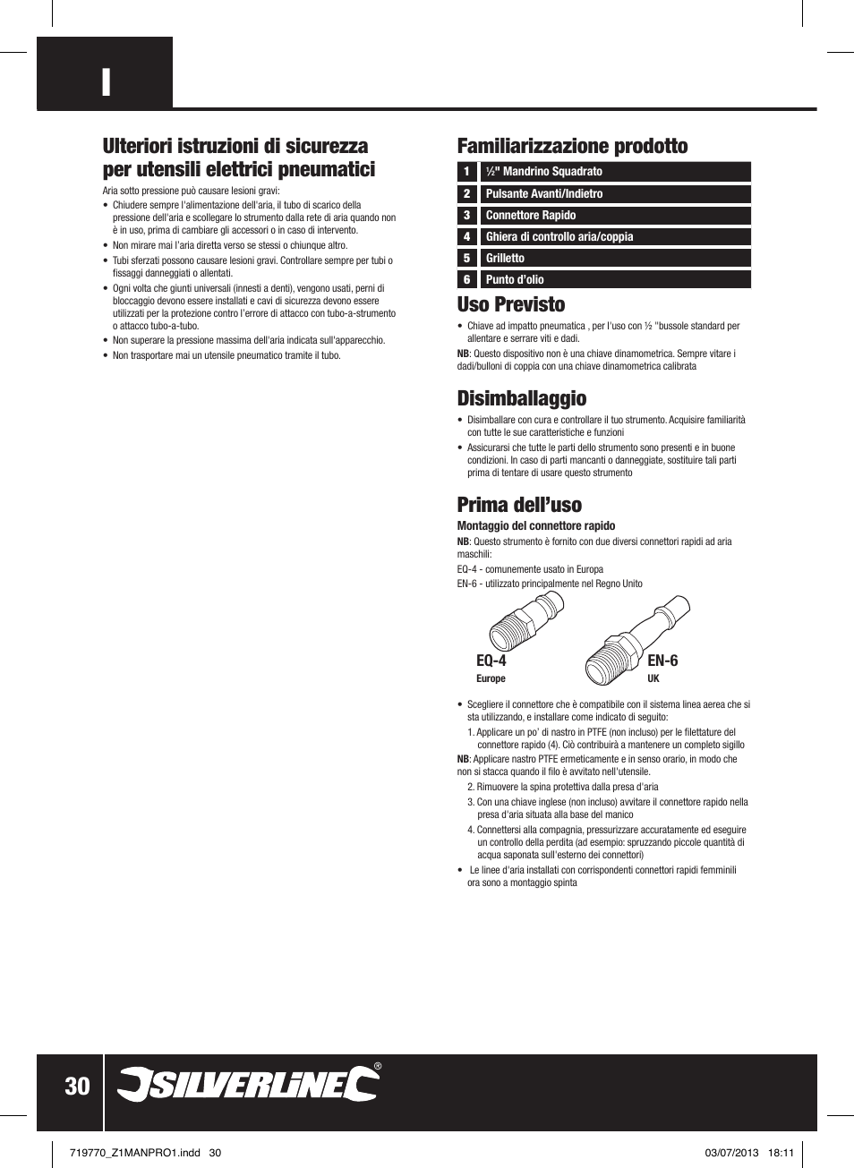 Familiarizzazione prodotto uso previsto, Disimballaggio, Prima dell’uso | Silverline Air Impact Wrench User Manual | Page 31 / 40