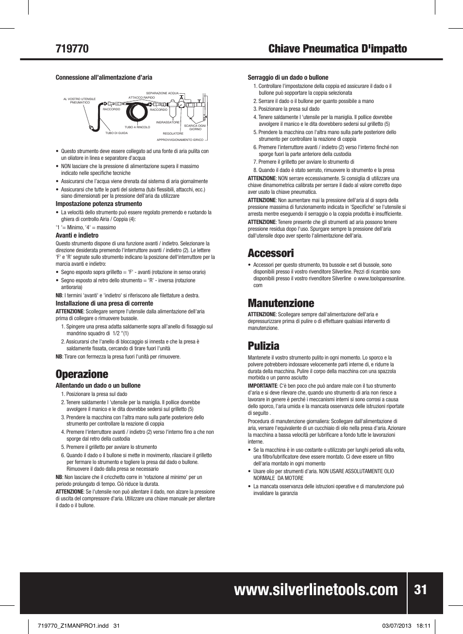 Chiave pneumatica d'impatto, Operazione, Accessori | Manutenzione, Pulizia | Silverline Air Impact Wrench User Manual | Page 32 / 40