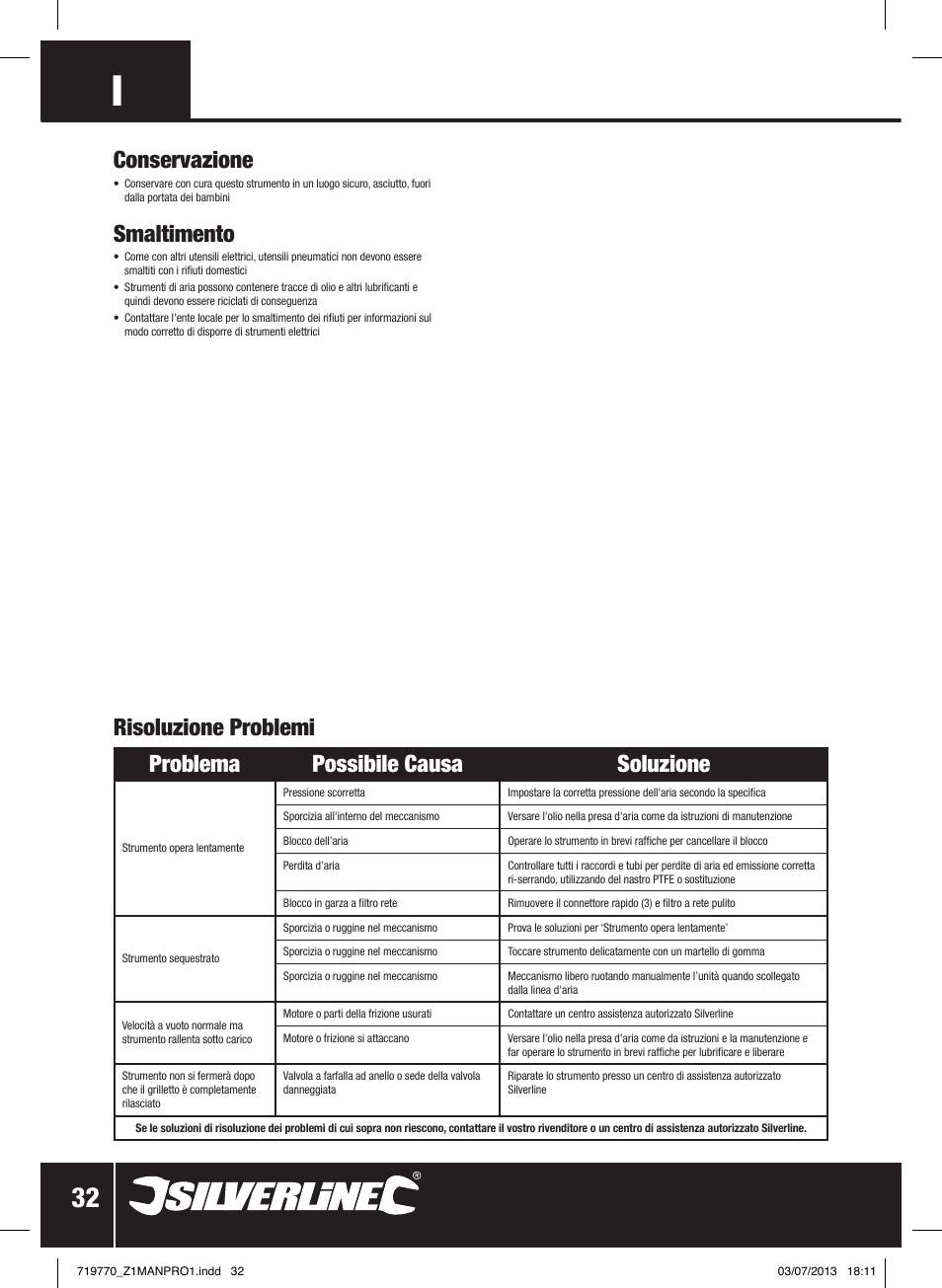 Conservazione, Smaltimento, Problema possibile causa soluzione | Risoluzione problemi | Silverline Air Impact Wrench User Manual | Page 33 / 40