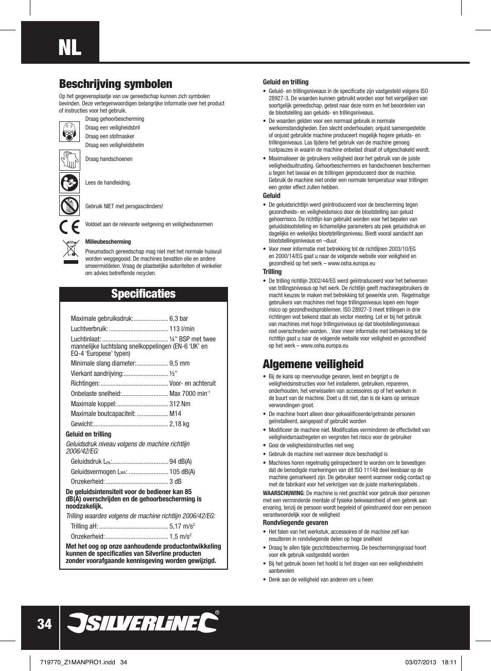 Algemene veiligheid, Specificaties, Beschrijving symbolen | Silverline Air Impact Wrench User Manual | Page 35 / 40