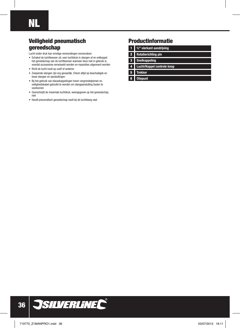 Veiligheid pneumatisch gereedschap, Productinformatie | Silverline Air Impact Wrench User Manual | Page 37 / 40