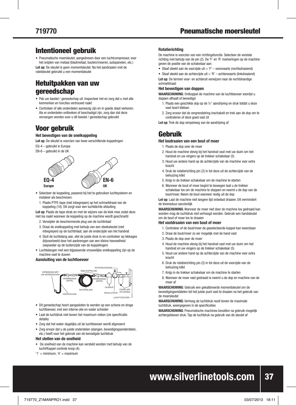 Pneumatische moersleutel intentioneel gebruik, Hetuitpakken van uw gereedschap, Voor gebruik | Gebruik, Eq-4, En-6 | Silverline Air Impact Wrench User Manual | Page 38 / 40