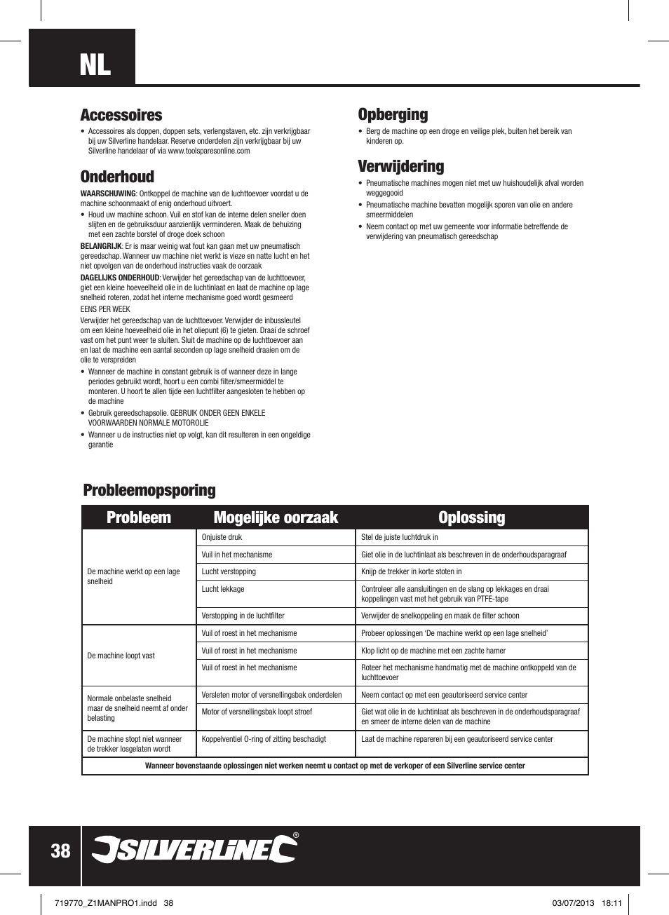 Opberging, Verwijdering, Accessoires | Onderhoud, Probleem mogelijke oorzaak oplossing, Probleemopsporing | Silverline Air Impact Wrench User Manual | Page 39 / 40