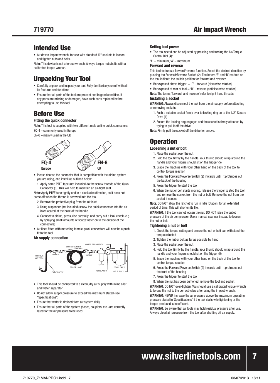 Unpacking your tool, Before use, Operation | Eq-4, En-6 | Silverline Air Impact Wrench User Manual | Page 8 / 40