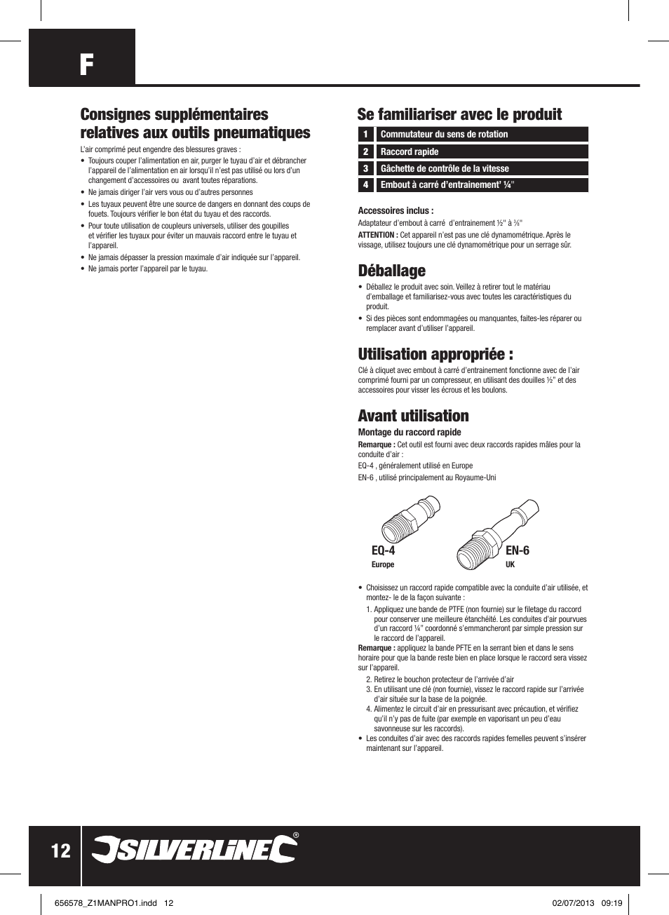 Déballage, Utilisation appropriée, Avant utilisation | Se familiariser avec le produit | Silverline Air Ratchet Wrench User Manual | Page 13 / 40