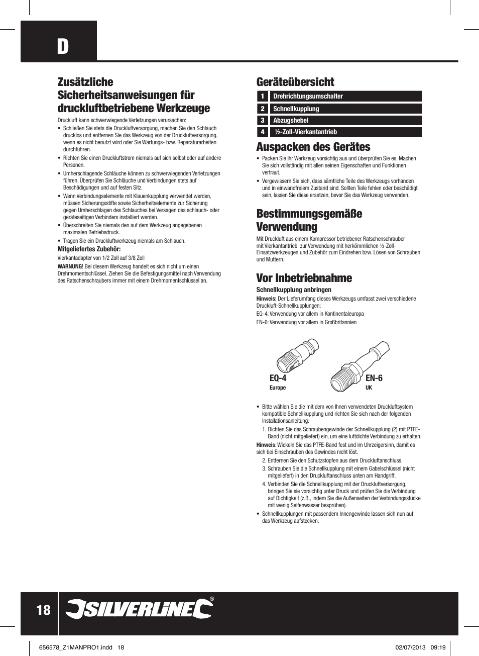 Auspacken des gerätes, Bestimmungsgemäße verwendung, Vor inbetriebnahme | Geräteübersicht | Silverline Air Ratchet Wrench User Manual | Page 19 / 40
