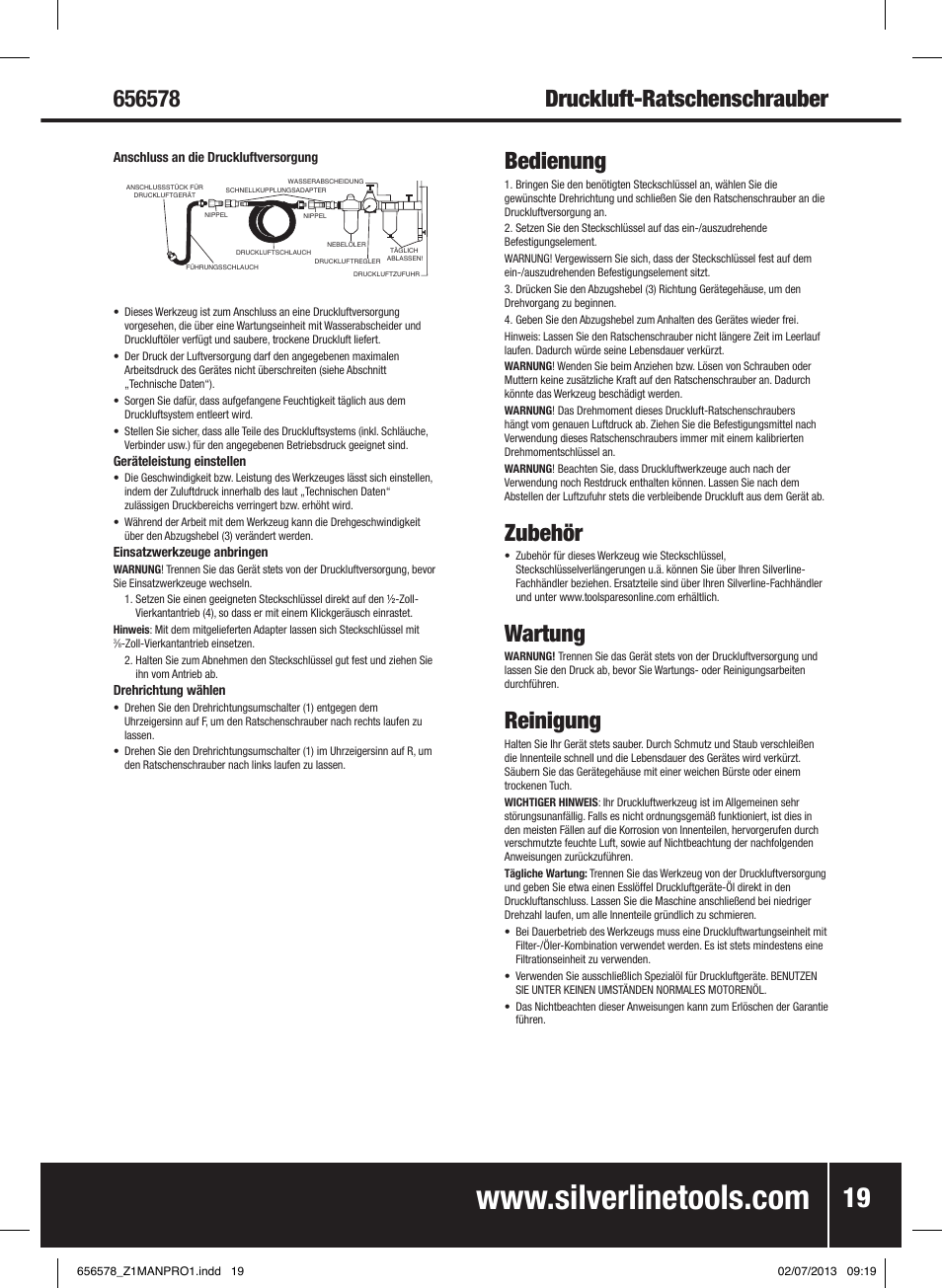 Bedienung, Zubehör, Wartung | Reinigung | Silverline Air Ratchet Wrench User Manual | Page 20 / 40
