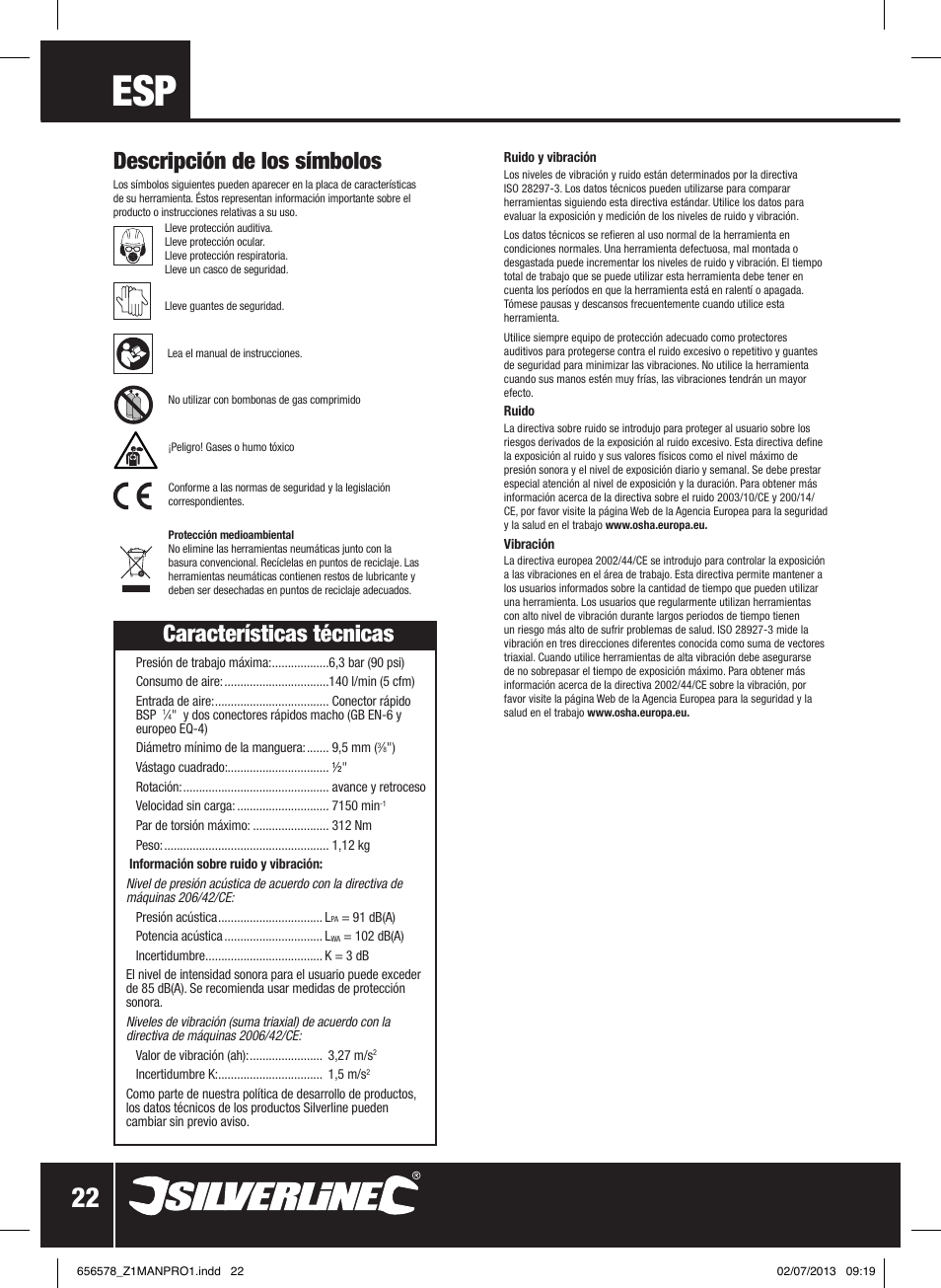 Descripción de los símbolos, Características técnicas | Silverline Air Ratchet Wrench User Manual | Page 23 / 40