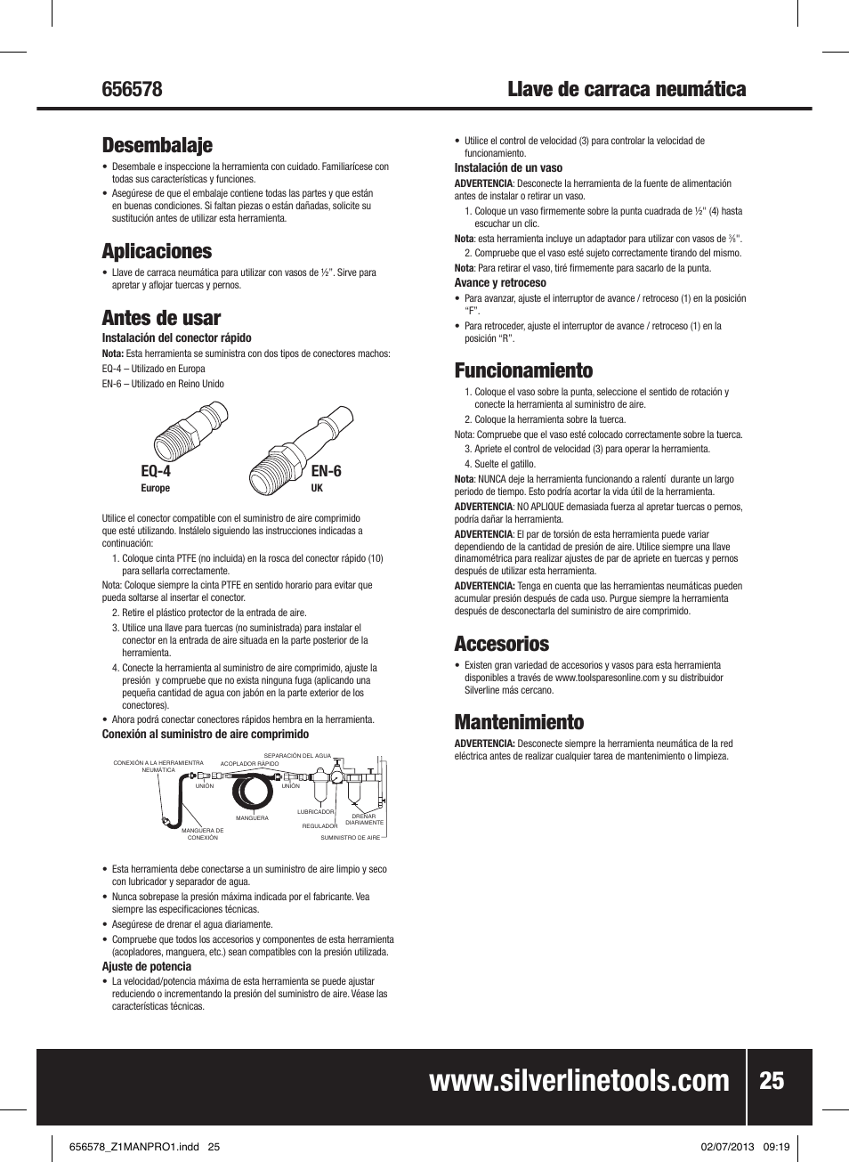 Aplicaciones, Antes de usar, Funcionamiento | Accesorios, Mantenimiento, Eq-4, En-6 | Silverline Air Ratchet Wrench User Manual | Page 26 / 40