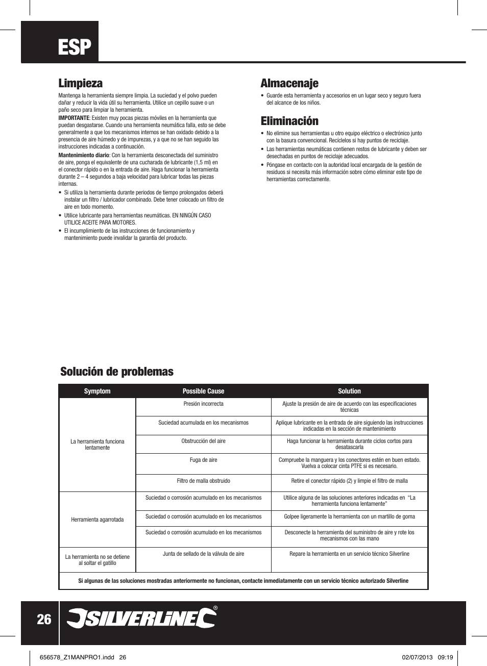 Limpieza, Almacenaje, Eliminación | Solución de problemas | Silverline Air Ratchet Wrench User Manual | Page 27 / 40