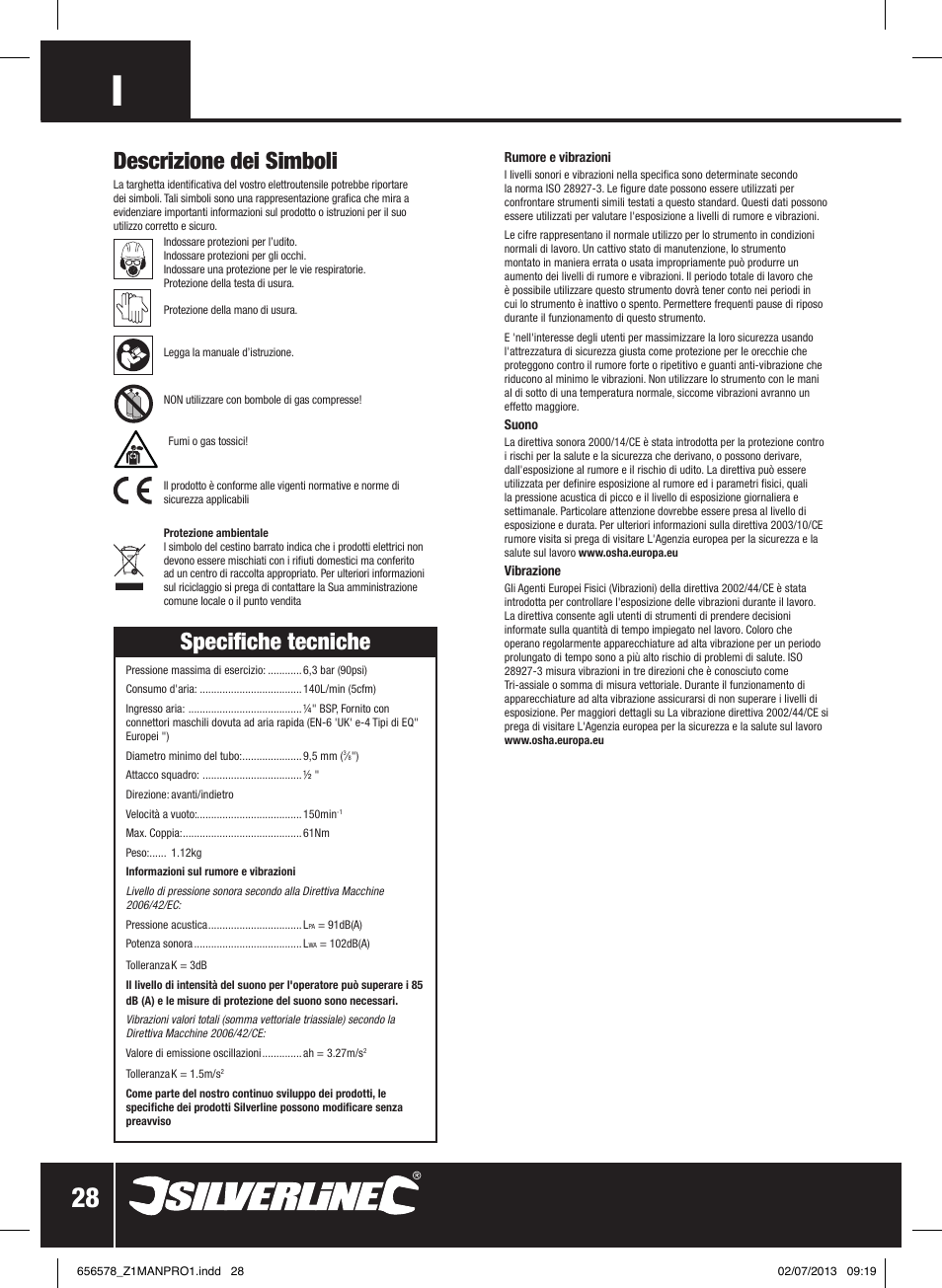 Specifiche tecniche, Descrizione dei simboli | Silverline Air Ratchet Wrench User Manual | Page 29 / 40