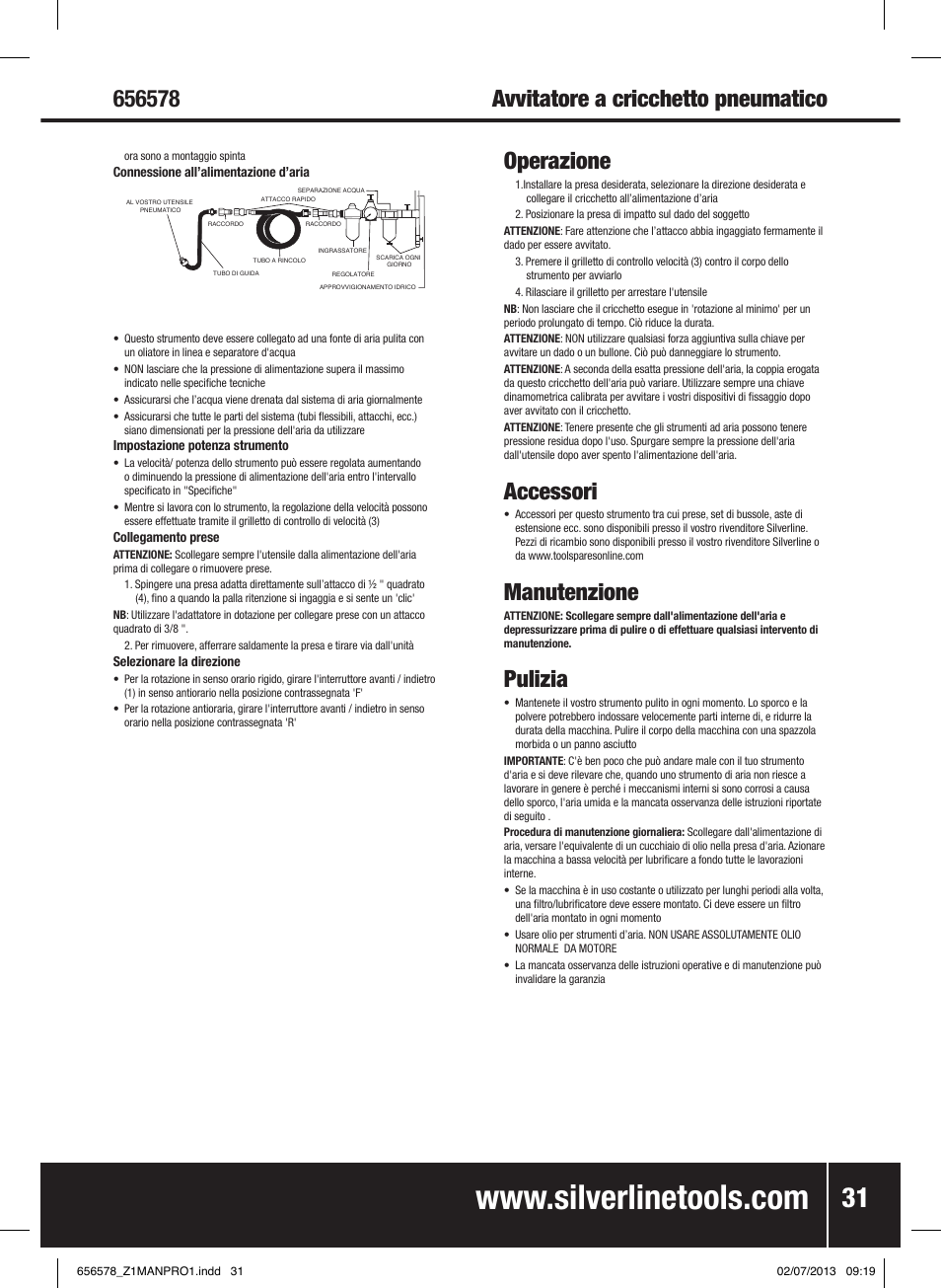 Operazione, Accessori, Manutenzione | Pulizia | Silverline Air Ratchet Wrench User Manual | Page 32 / 40