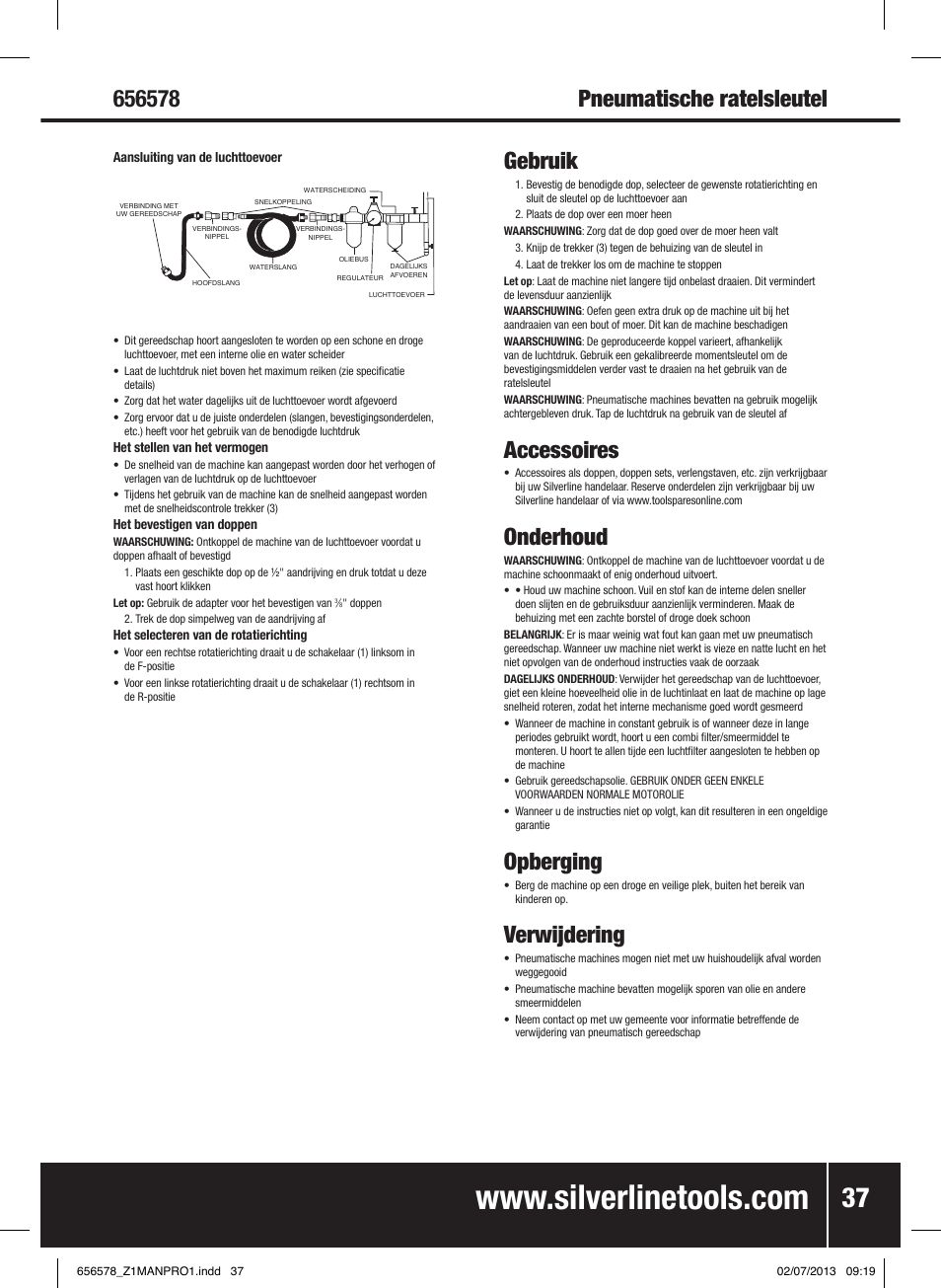 Gebruik, Accessoires, Onderhoud | Opberging, Verwijdering | Silverline Air Ratchet Wrench User Manual | Page 38 / 40