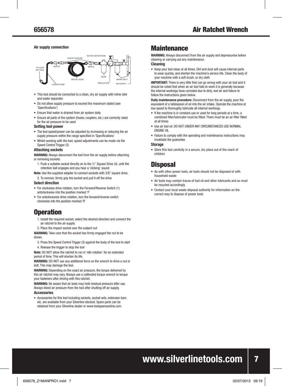 Operation, Maintenance, Disposal | Silverline Air Ratchet Wrench User Manual | Page 8 / 40