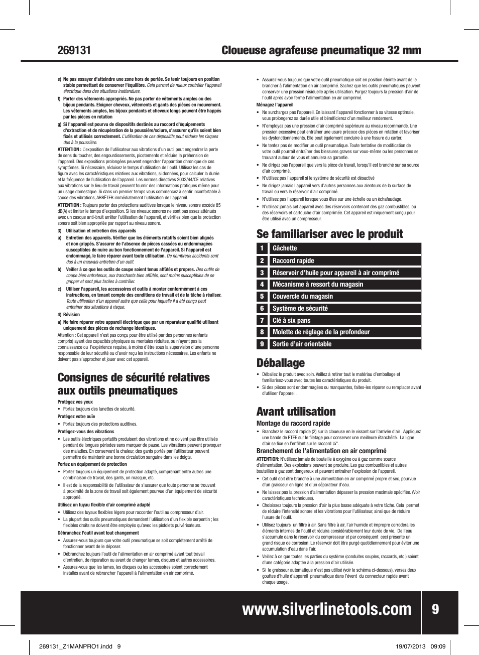 Se familiariser avec le produit, Déballage, Avant utilisation | Silverline Air Nailer Stapler 32mm User Manual | Page 10 / 32