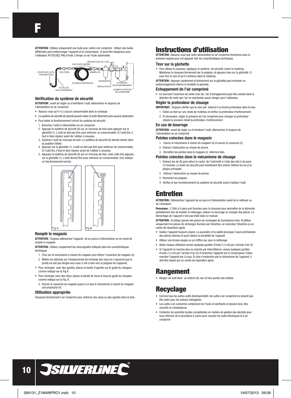 Instructions d’utilisation, Entretien, Rangement | Recyclage | Silverline Air Nailer Stapler 32mm User Manual | Page 11 / 32