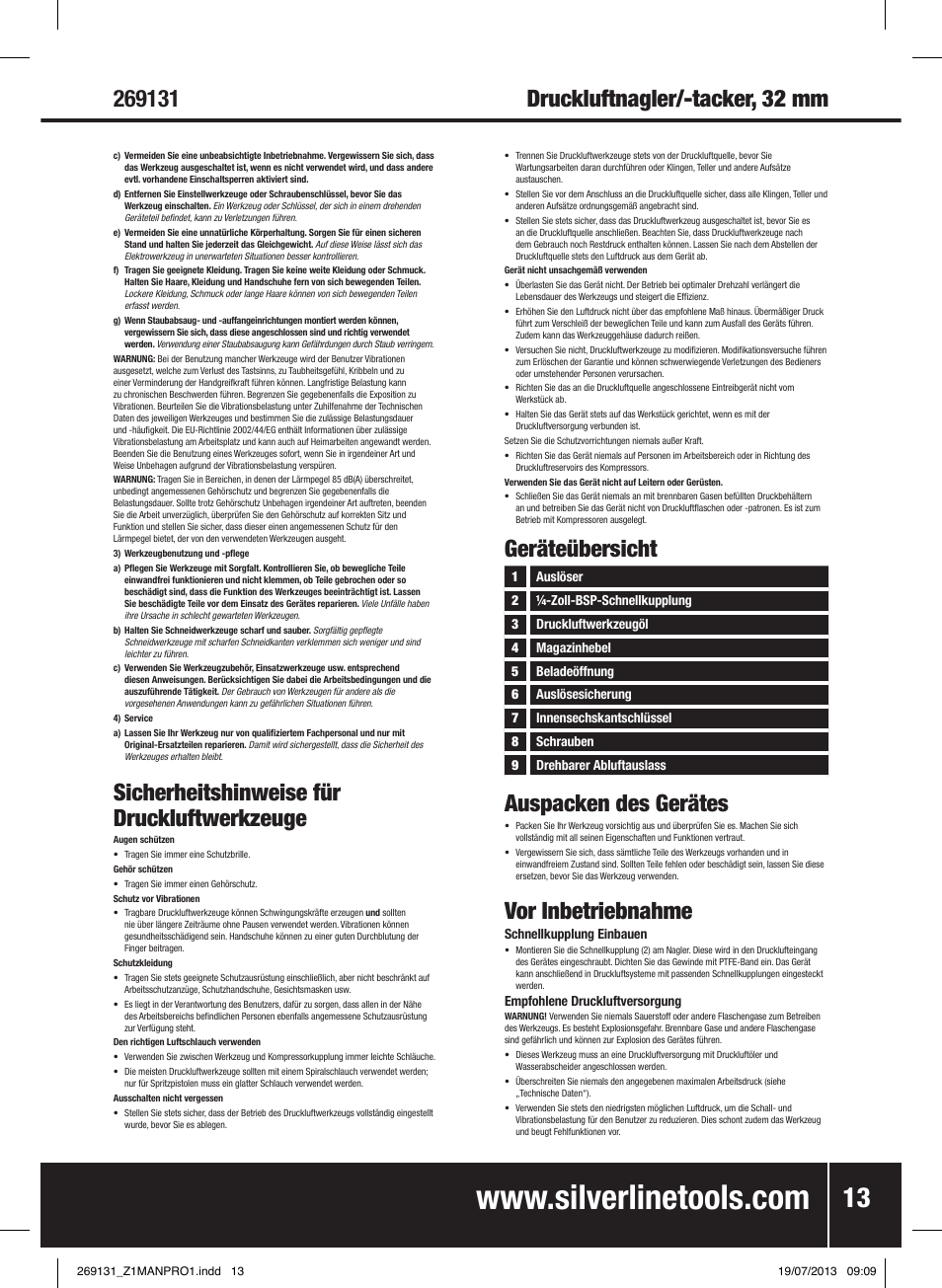 Sicherheitshinweise für druckluftwerkzeuge, Geräteübersicht auspacken des gerätes, Vor inbetriebnahme | Silverline Air Nailer Stapler 32mm User Manual | Page 14 / 32