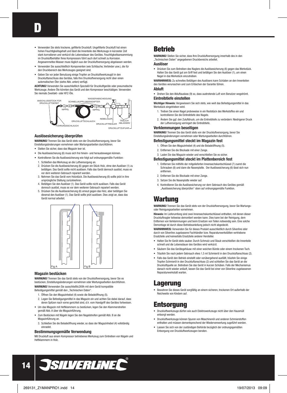 Betrieb, Wartung, Lagerung | Entsorgung | Silverline Air Nailer Stapler 32mm User Manual | Page 15 / 32