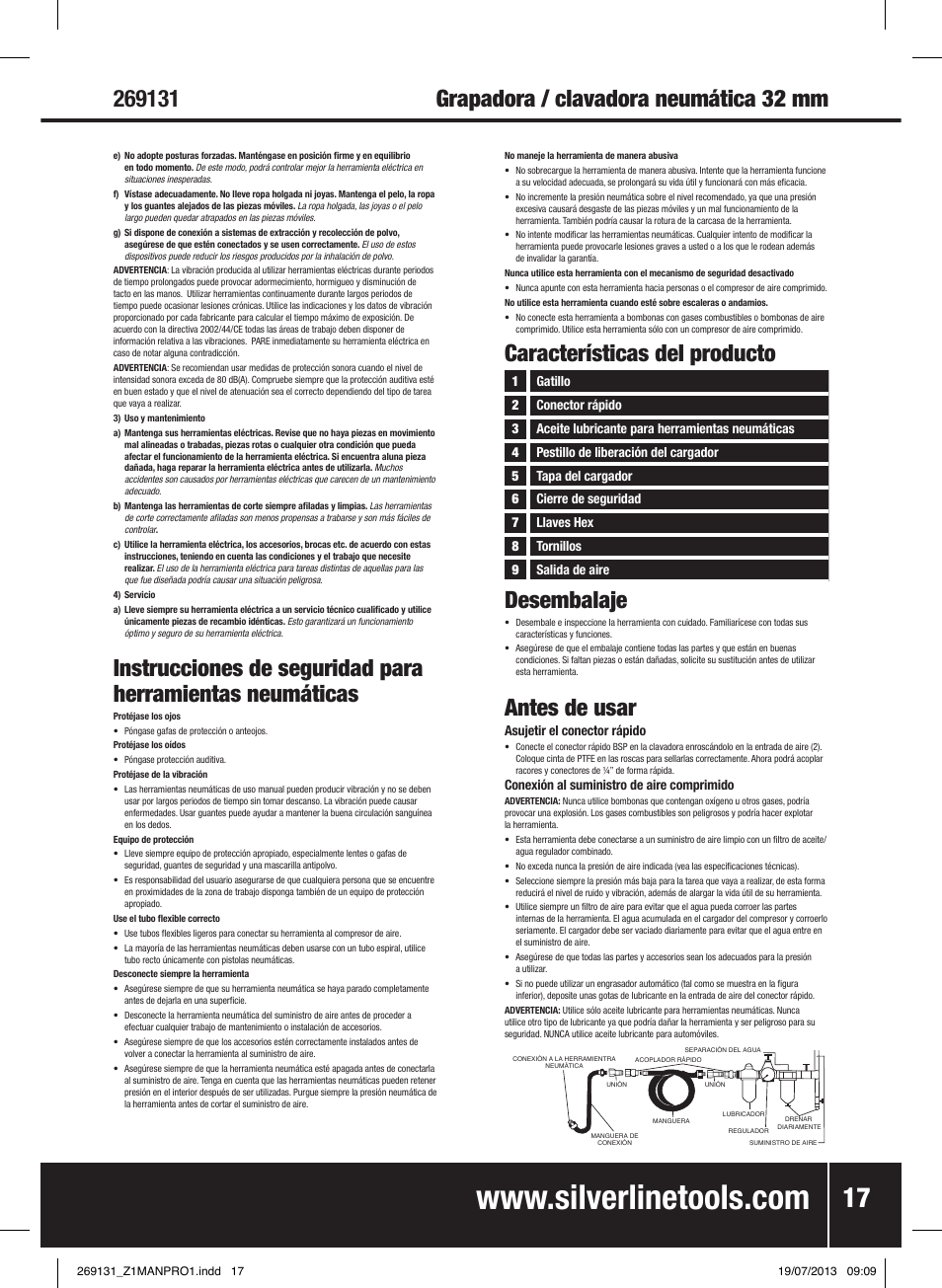 Características del producto desembalaje, Antes de usar | Silverline Air Nailer Stapler 32mm User Manual | Page 18 / 32