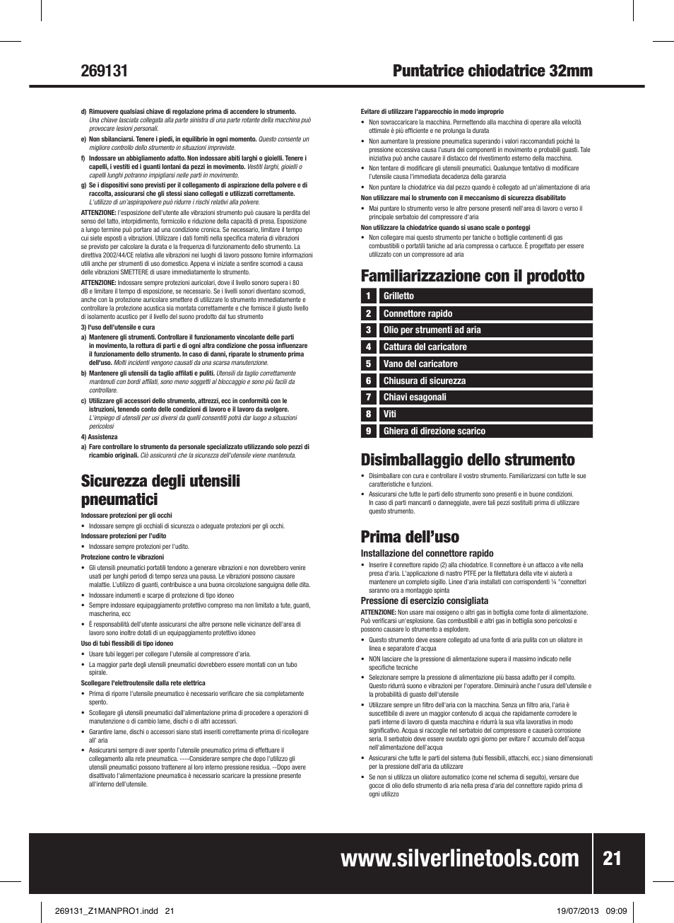 Sicurezza degli utensili pneumatici, Familiarizzazione con il prodotto, Disimballaggio dello strumento | Prima dell’uso | Silverline Air Nailer Stapler 32mm User Manual | Page 22 / 32