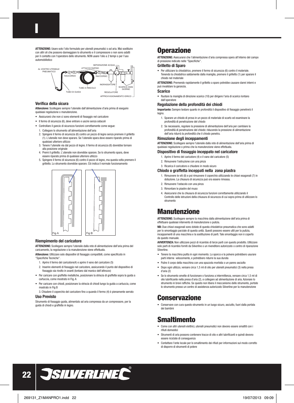 Operazione, Manutenzione, Conservazione | Smaltimento | Silverline Air Nailer Stapler 32mm User Manual | Page 23 / 32