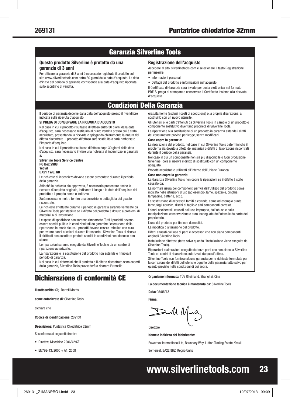 Dichiarazione di conformità ce | Silverline Air Nailer Stapler 32mm User Manual | Page 24 / 32