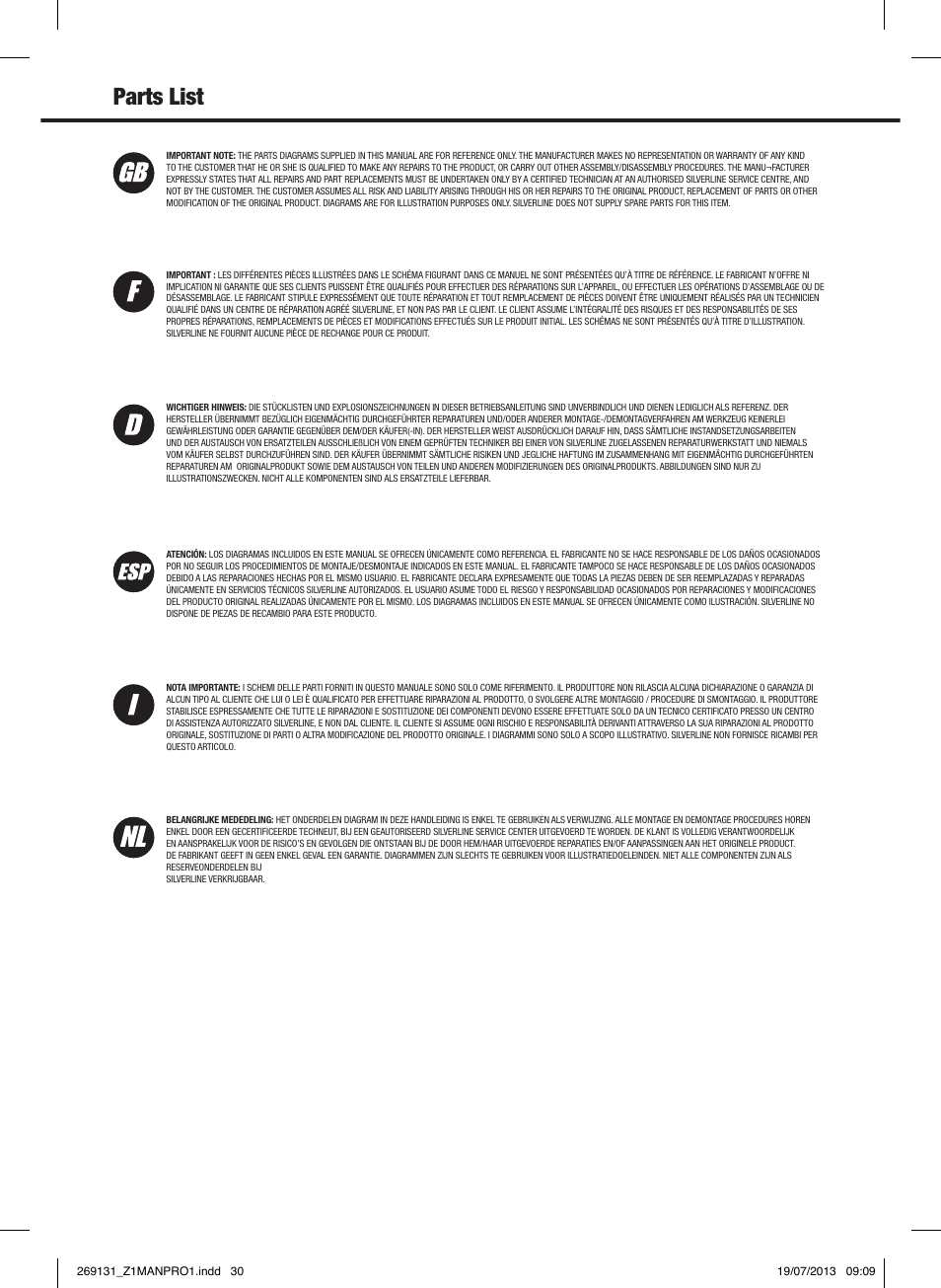 Parts list | Silverline Air Nailer Stapler 32mm User Manual | Page 31 / 32