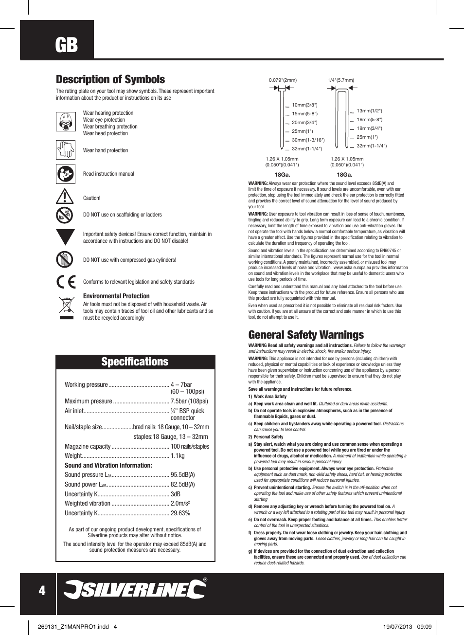 General safety warnings, Description of symbols, Specifications | Silverline Air Nailer Stapler 32mm User Manual | Page 5 / 32