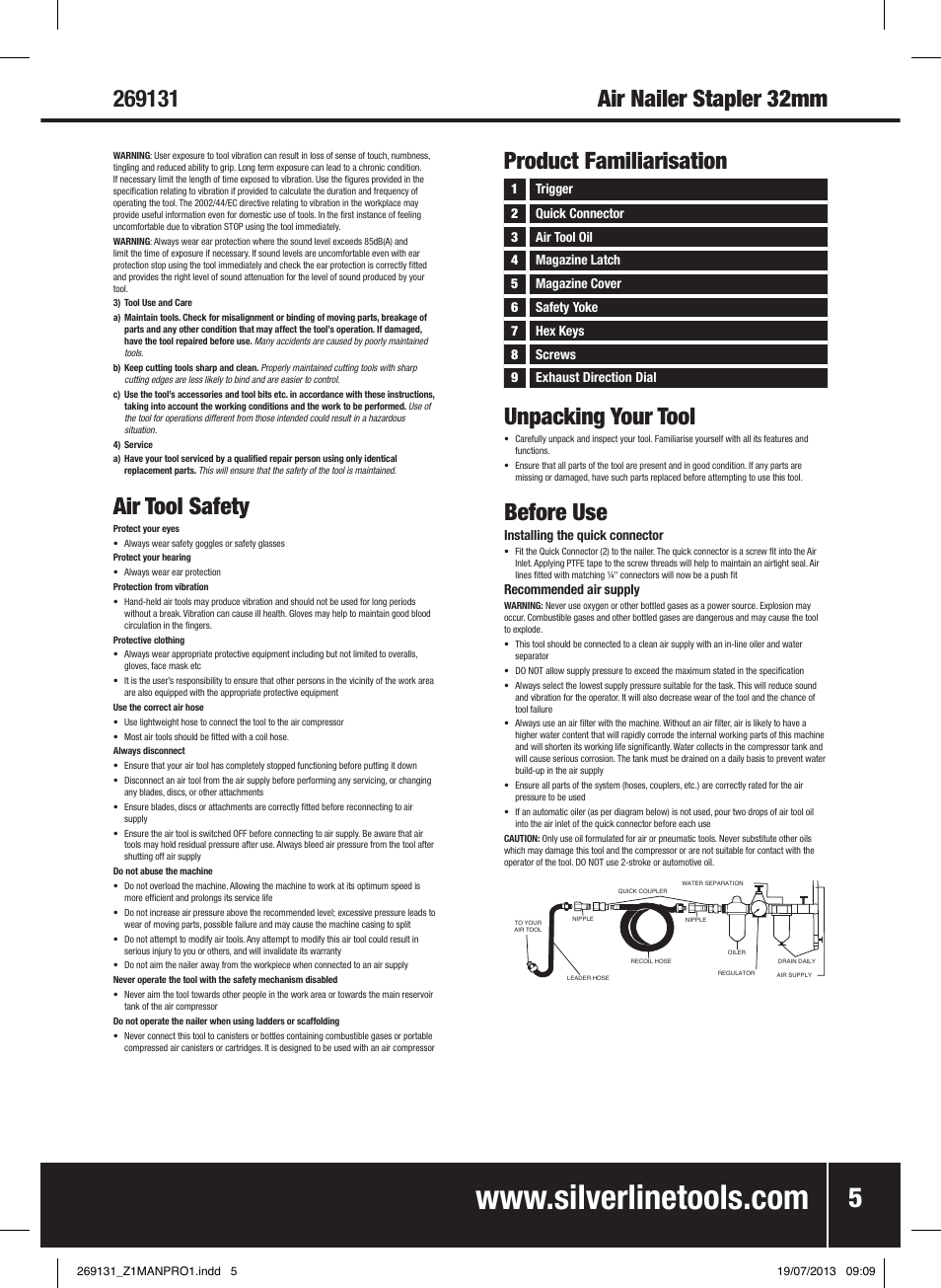 Air tool safety, Product familiarisation unpacking your tool, Before use | Silverline Air Nailer Stapler 32mm User Manual | Page 6 / 32